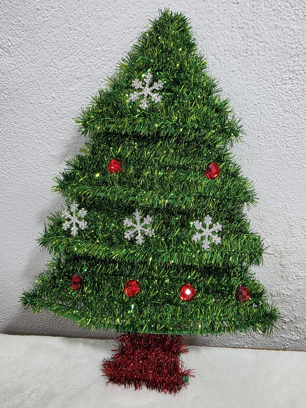Green Tinsel Wall Hanging Christmas Small Tree with Red Accents 13.5
